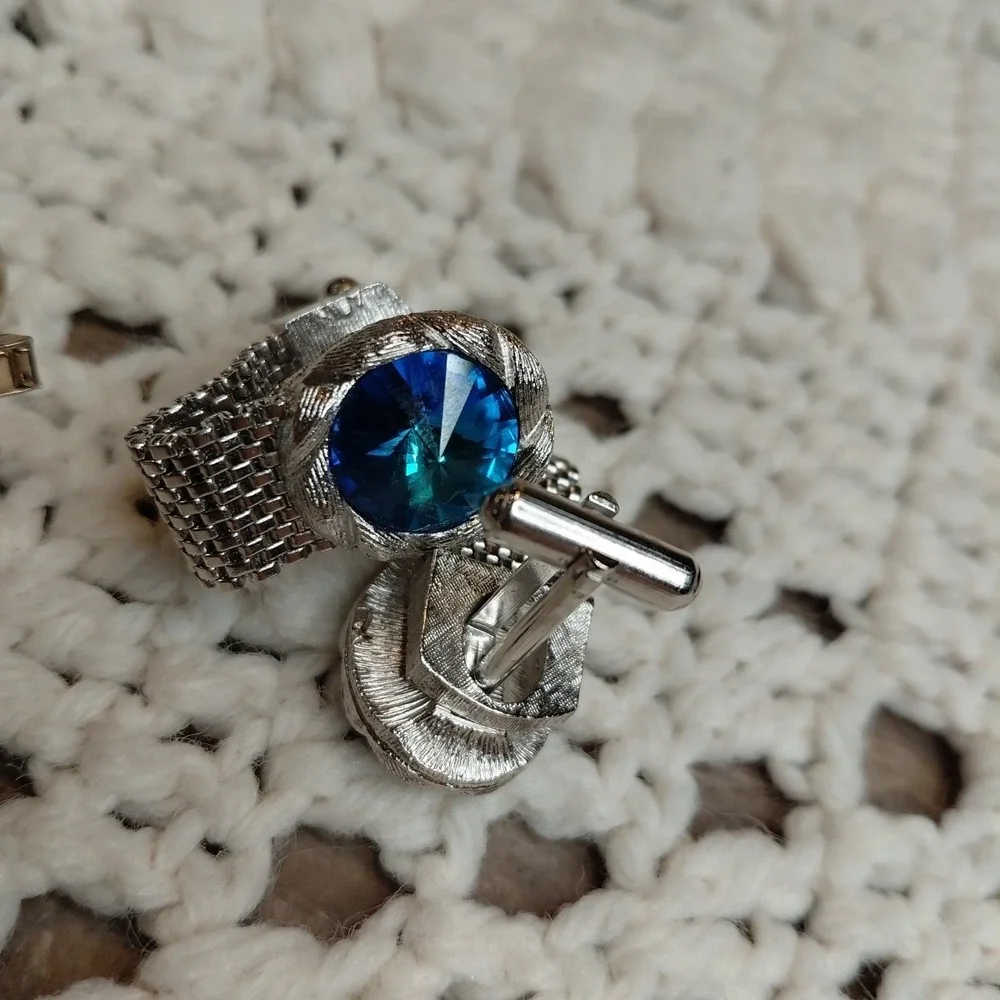 Vtg Lot 2 Swank & 1 Hickok Cufflinks Mesh Wrap Blue Cabochon Luxury‎ Designer